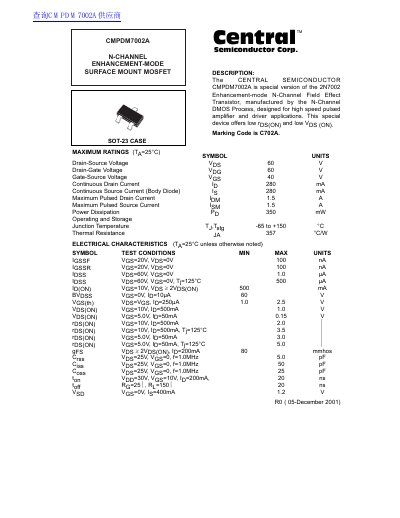 Central Semiconductor CMPDM7002A MOSFET Datasheet - cover page