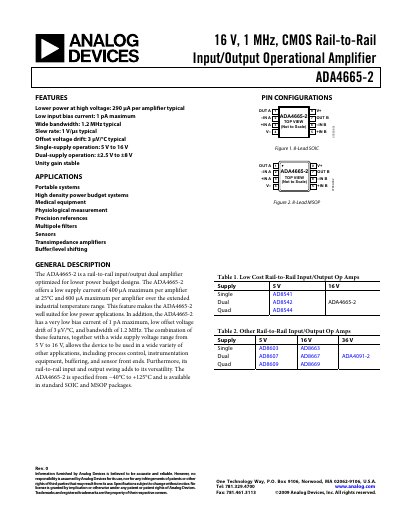 Analog Devices ADA4665-2 Dual-Channel Rail-to-Rail Op‑Amp Datasheet