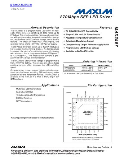 MAXIM MAX3967 SFP LED Driver Datasheet - cover page