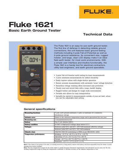 Fluke 1621 Earth Ground Tester Technical Data Manual - cover page