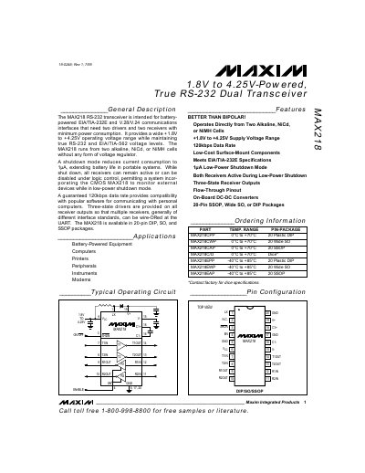 Maxim MAX218 RS-232 Transceiver Datasheet - cover page