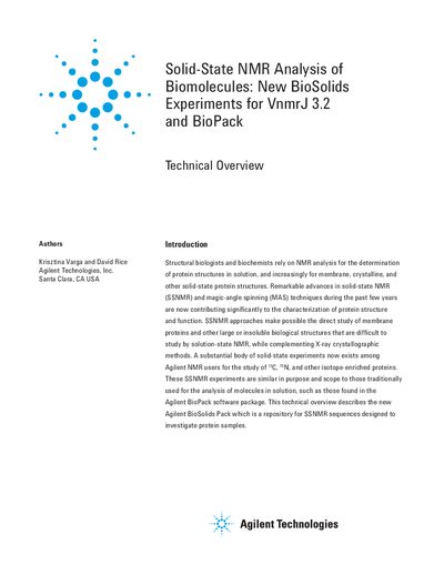 Agilent BioSolids Experiments for VnmrJ 3.2 Technical Overview - cover page