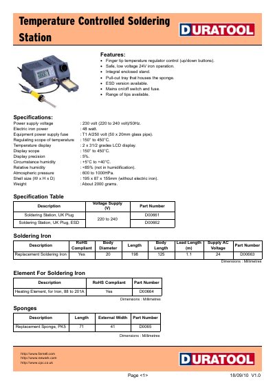 Duratool D00661 Temperature Controlled Soldering Station Datasheet - cover page