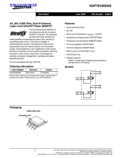 Intersil HUF76105DK8 Dual N-Channel Logic Level UltraFET Power MOSFET Datasheet - cover page