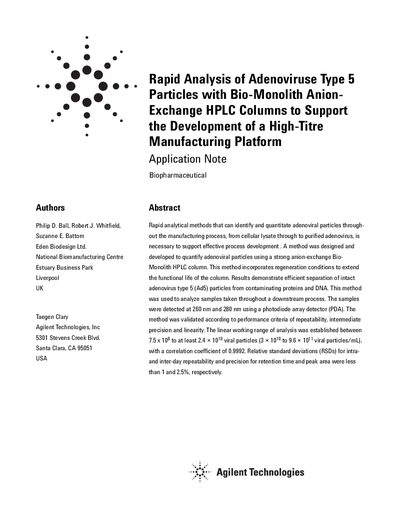 Agilent Bio-Monolith OA Anion-Exchange HPLC Application Note for Adenovirus Analysis - cover page