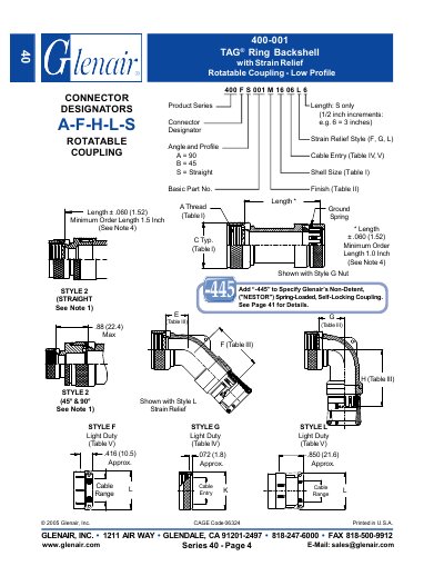 Glenair 400-001 TAG Ring Backshell with Strain Relief Rotatable Coupling - Low Profile Data sheet  - cover page
