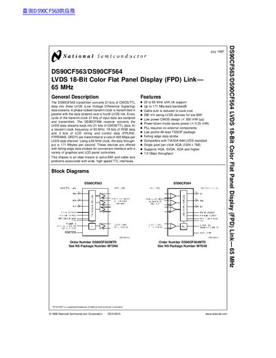 National Semiconductor DS90CF563/DS90CF564 LVDS 18-Bit Color FPD Link Datasheet - cover page