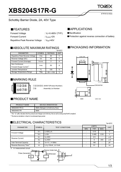 Torex XBS204S17R-G Schottky Barrier Diode Datasheet - cover page