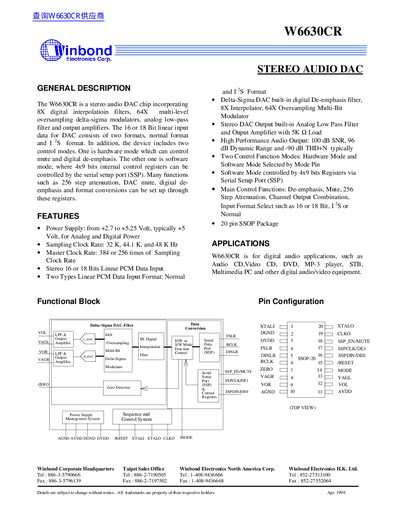 Winbond W6630CR Stereo Audio DAC Datasheet - cover page