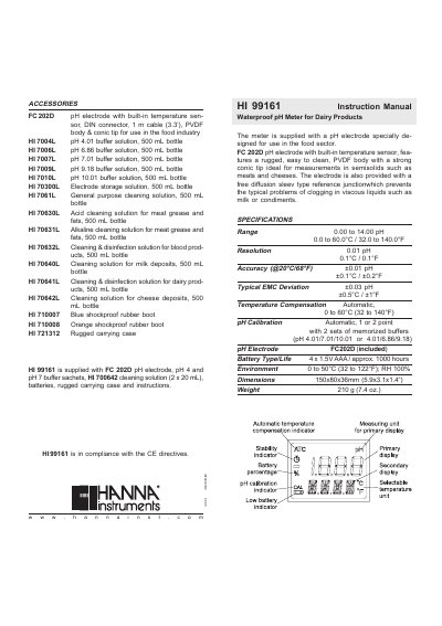 Hanna Instruments HI 99161 Waterproof pH Meter for Dairy Products Instruction Manual - cover page