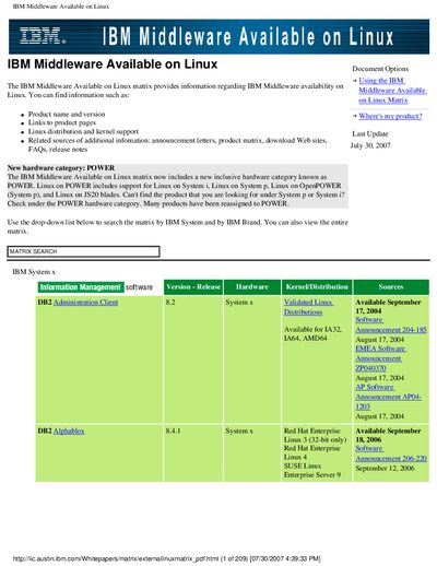 IBM Middleware Available on Linux Matrix - cover page
