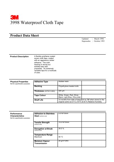 3M 3998 Waterproof Cloth Tape Data Sheet - cover page