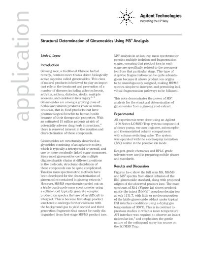 Agilent 1100 Series LC/MSD Trap Structural Determination of Ginsenosides Using MSn Analysis Application Note - cover page