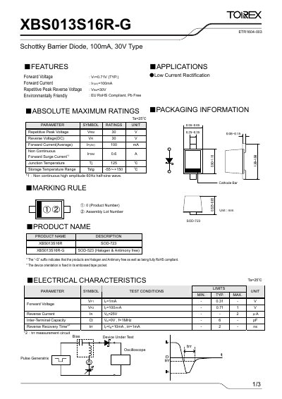 Torex XBS013S16R-G Schottky Barrier Diode Datasheet - cover page