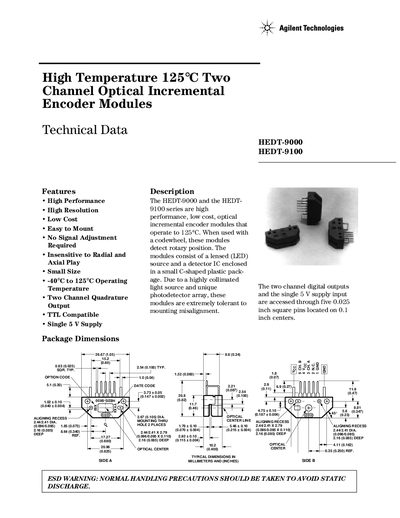 Agilent Technologies HEDT-9000 HEDT-9100 High Temperature 125&deg;C Two Channel Optical Incremental Encoder Modules handbook - cover page