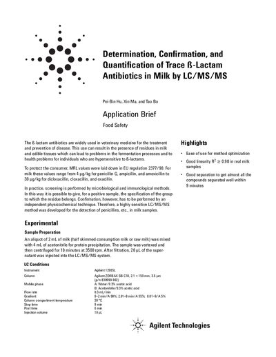 Agilent 1200SL LC/MS/MS Application Note for Trace Beta-Lactam Antibiotics in Milk - cover page