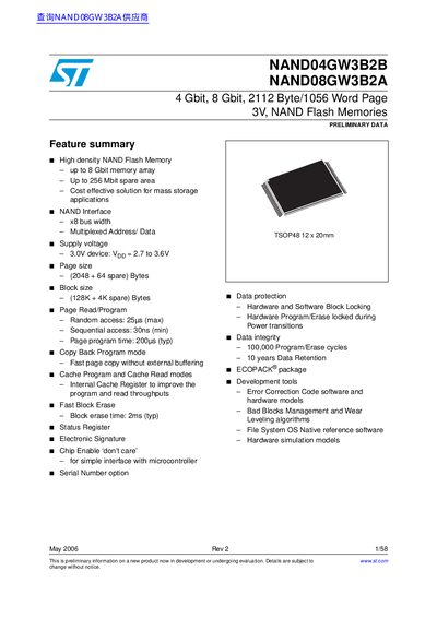 STMicroelectronics NAND04GW3B2B NAND08GW3B2A NAND Flash Memory Datasheet - cover page