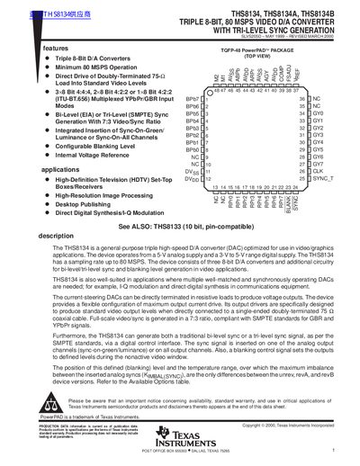 Texas Instruments THS8134/THS8134A/THS8134B Triple 8‑Bit 80 MSPS Video D/A Converter Datasheet - cover page