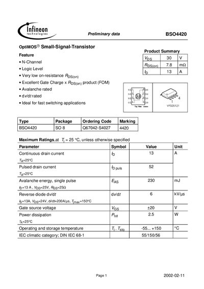 Infineon BSO4420 OptiMOS Small‑Signal Transistor Datasheet - cover page