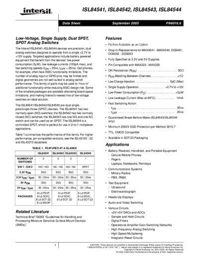INTERSIL ISL84541 ISL84542 ISL84543 ISL84544 Data Sheet - cover page
