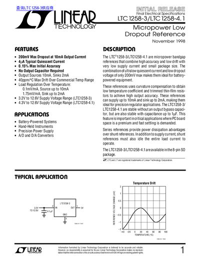 Linear Technology LTC1258-3/LTC1258-4.1 Micropower Low Dropout Reference Datasheet - cover page