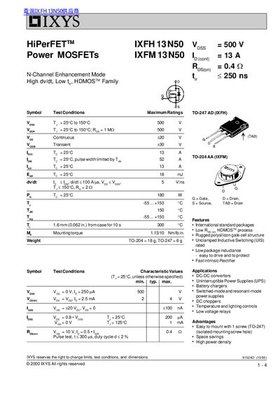 IXYS IXFH 13N50 IXFM13N50 handbook - cover page