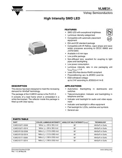 Vishay VLME31 Series High Intensity SMD LED Datasheet - cover page