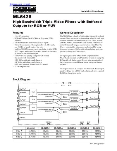Fairchild ML6426 Triple Video Filters Datasheet - cover page