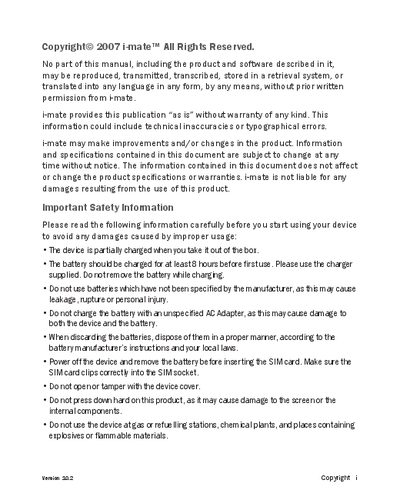 i-mate User Manual - cover page