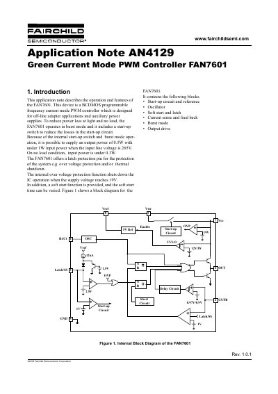 Fairchild FAN7601 Green Current Mode PWM Controller Application Note AN4129 - cover page