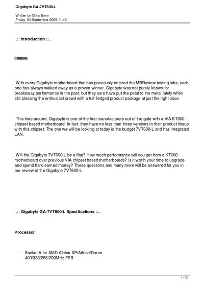 Gigabyte GA-7VT600-L Review - cover page