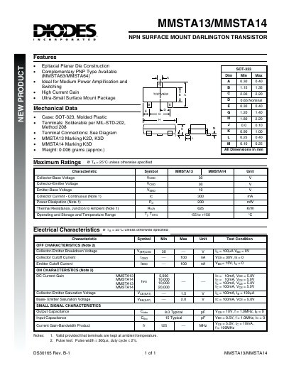 Diodes Incorporated MMSTA13/MMSTA14 NPN Surface Mount Darlington Transistor Datasheet - cover page