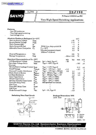 SANYO 2SJ190 P-Channel MOSFET Datasheet - cover page