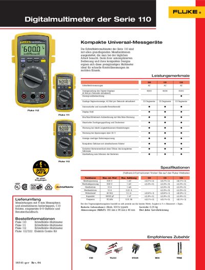 Fluke 110 Digital Multimeter Product Leaflet - cover page