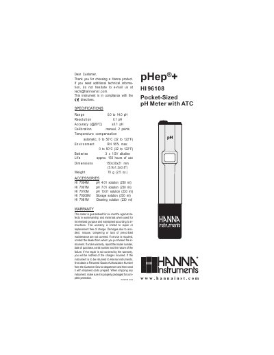 Hanna Instruments HI 96108 Pocket-Sized pH Meter with ATC Instruction Manual - cover page