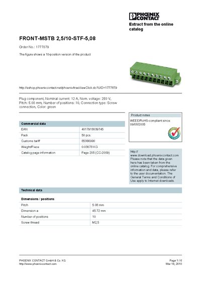 PHOENIX CONTACT FRONT-MSTB 2 5/10-STF-5 08 Order No.: 1777879 The figure shows a 10-position version of the product handbook - cover page