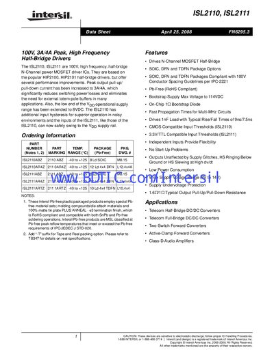 Intersil ISL2110 and ISL2111 Half-Bridge Driver Datasheet - cover page
