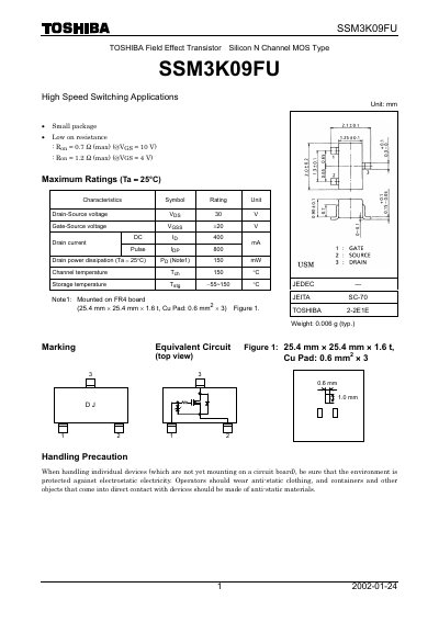 TOSHIBA Field Effect Transistor Silicon N Channel MOS Type SSM3K09FU handbook - cover page
