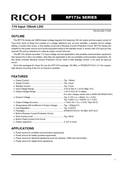RICOH RP173x Series Voltage Regulator IC Datasheet - cover page