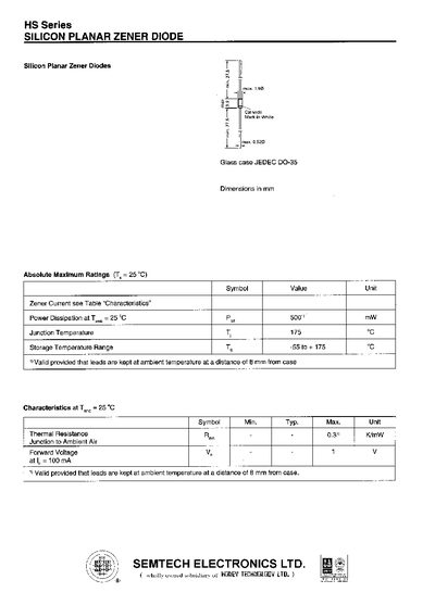 Semtech HS Silicon Planar Zener Diode Datasheet - cover page