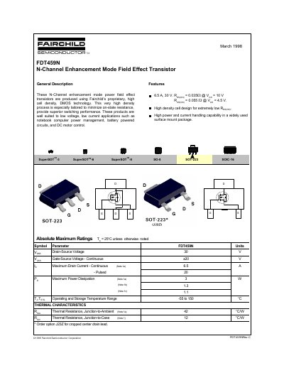 Fairchild FDT459N N-Channel Enhancement Mode Field Effect Transistor Datasheet - cover page