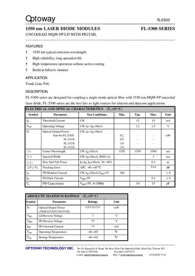Optoway FL-5300 Series 1550 nm Laser Diode Module Datasheet - cover page