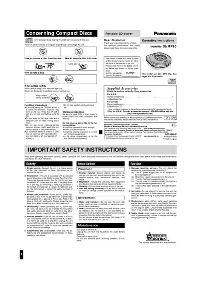 Panasonic SL-MP30 Portable CD Player Operating Instructions - cover page