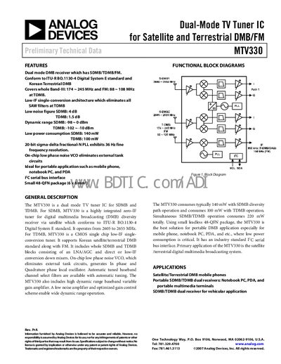 Analog Devices MTV330 Dual-Mode TV Tuner IC Datasheet - cover page