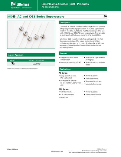 Littelfuse AC and CG3 Series Gas Plasma Arrester (GDT) Datasheet