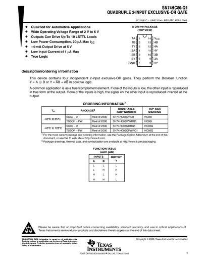 Texas Instruments SN74HC86-Q1 Quadruple 2-Input Exclusive-OR Gate Datasheet - cover page