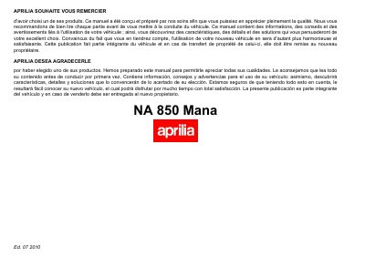 Aprilia NA 850 Mana Owner's Manual - cover page