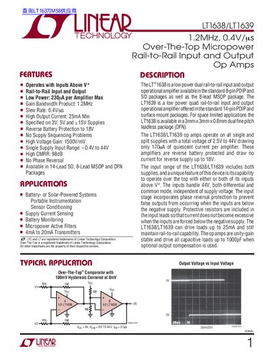 Linear Technology LT1638/LT1639 Operational Amplifier Datasheet - cover page