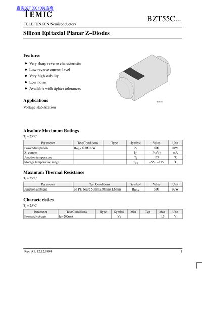 TEMIC BZT55C... Rev. A1: 12.12.1994 1 Silicon Epitaxial Planar Z Diodes - cover page