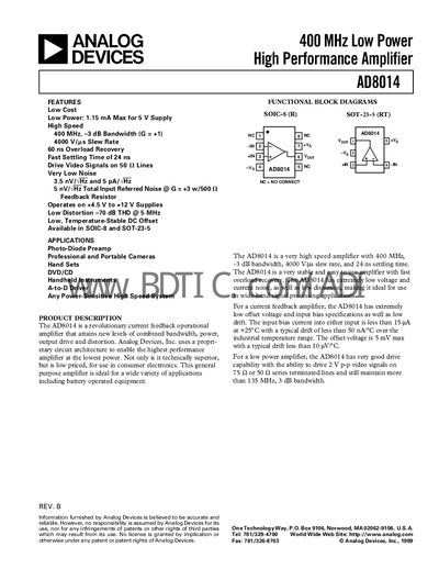 Analog Devices AD8014 Datasheet - cover page